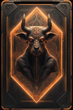 sacred geometry framed playing card, black and orange minotaur with shadows boss card in the style of Giger and fallout 4 ,,bokeh like f/0.8, tilt-shift lens 8k, high detail, smooth render, down-light, unreal engine