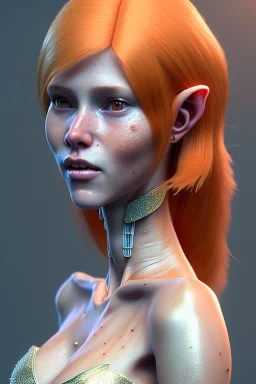 painting of a tall elven young woman with short light orange hair and freckles on the cheak bones and tall body of a topmodel light clothes, full shot, ultra realistic, concept art, intricate details, eerie, highly detailed, photorealistic, octane render, 8 k, unreal engine. art by artgerm and greg rutkowski and charlie bowater and magali villeneuve and alphonse mucha