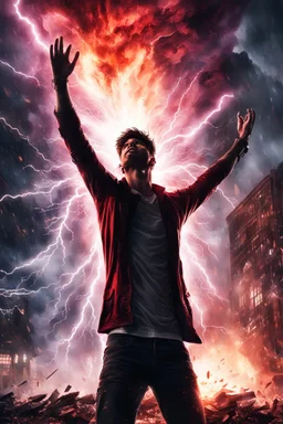 Young man standing, with arms raised with lightening coming from them, in front of an exploding building at night, with red auras around him