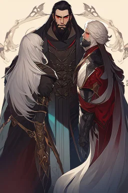 A couple, from the dnd game curse of Strahd. The woman has long white hair and blue eyes, the man has LONG BLACK hair and red eyes, no facial hair.