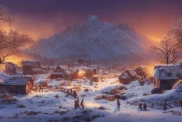 highly detailed small village scene, sunset, illustration, background snowy mountains, cinematic lighting, 4k, 8k, octane render, digital concept art, trending on artstation, pinterest, extremely detailed, ambient lighting.