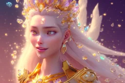 very beautiful crystal and gold goddess in a galactic ambiance, nice smiling, transparent petals, delicate colors, full of details, smooth, bright sunshine，soft light atmosphere, light effect，vaporwave colorful, concept art, smooth, extremely sharp detail, finely tuned detail, ultra high definition, 8 k, unreal engine 5, ultra sharp focus