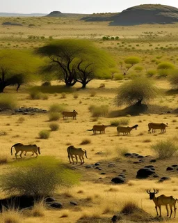 A savanna filled with mammals designed in native American petroglyphs