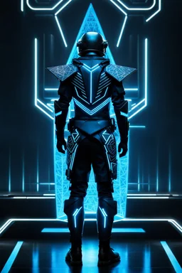 cyberpunk, neon blue, floating triangle of light behind the back, cyber armor, geometric patterns on an armor, male, orbiting triangle