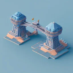 Tiny cute isometric toy bridge, soft smooth lighting, with soft colors, 100mm lens, 3d blender render, trending on polycount, modular constructivism, blue background, physically based rendering, centered well within frame.