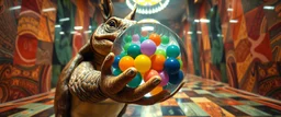 pin hole cam , master oil painting by Rembrandt, volume fog lights in reflective marble madness opera close up on turtle horse character portrait, holding big colorful transparent marble ball, a living bowling marble halls with slightly tilted floor in a twisted block maze, scenery from the game "marble madness", crystal birds, the floor betrays, the walls collide,