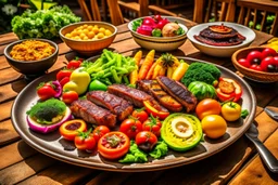 The picture shows a tasty and enticing dish containing a variety of delicious foods. The foods include slices of perfectly grilled meat and crispy fresh vegetables pulsating with colors and flavors. The background shows a simple wooden table and a warm climate that feels comfortable and enjoyable to the eating experience.