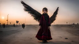 A Palestinian girl have tow wings wearing an palestinian dress in gaza during sunset in winter.