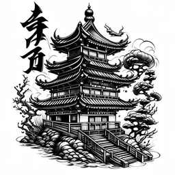 Black and white, tattoo sketch, Japanese traditional, traditional architecture, calligraphy