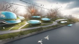 город будущего 2050, сказка, сияние, абстракция, вид с высоты птичьего полета,