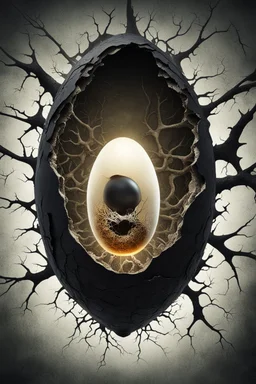 a haunting image of an embryonic human emerging from a cracked egg