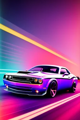 schönes foto von einem chromlackierten dodge challenger in heckansicht der auf einem highway richtung horizont fährt,miami vice, miami, neon ligths,chrome, synthwave, retro, high detailed,unreal engine, octane render, photo realistic, viele palmen,