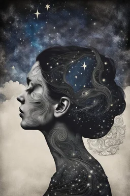 Double exposure of a female person's profile and a utopistic starry night sky, dramatic mood, dark depressive style, highly detailed intricate, surreal, stunning