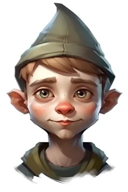 Portrait of a male gnome with short hair, intelligent eyes, angular face, aquiline nose,