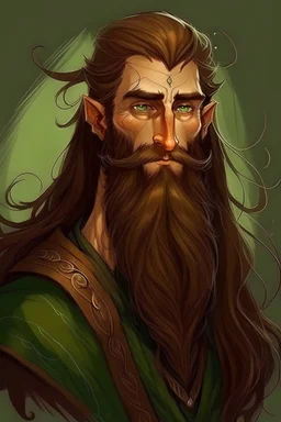 Gnom, braune lange wilde Haare, große Nase, gepflegter Bart, grüne Augen, schlank, hübsch, sehr jung, Druide
