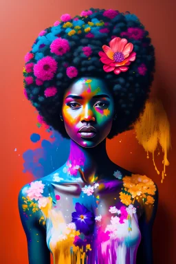 figure of afro woman covered in paint with flowers