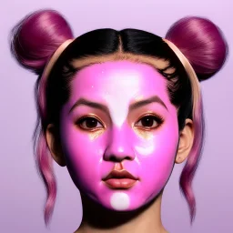 perfect symmetry,Rosalía artist, traditional Japanese mask on face, pink eyeliner, pigtails hair, gold, pink, geisha, led lights, fog, rain, latex, soft color, highly detailed, art stations, concept art, smooth, unreal engine 5, god rays, ray tracing, RTX, lumen lighting, ultra detail, volumetric lighting, 3d, finely drawn, high definition, high resolution.