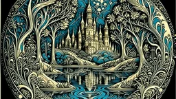 woodcut, relaxation, luxury, dream world, calm beauty, symmetry, fantasy world, magic, beautiful composition, exquisite detail
