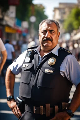 Massive and sturdy chubby burly mature turkish policeman, unbuttoned shirt, hairy with hairy chest, in the sun in an tank top, leaning against a lamppost in the middle of a crowded street, side light, sweat and wet