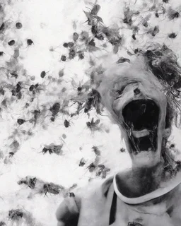 horror, swarming mechanical robotic insects, screaming mannequin, pain, decay