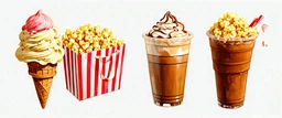 ice cream cones, sundaes, striped bag of popcorn, iced coffee drink with whipped topping. whimsical digital painting on white