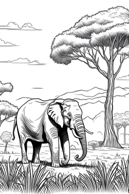 Feature an elephant, in a savannah setting, with a few acacia trees, clean line art, white background, no shadows, black and white coloring book.