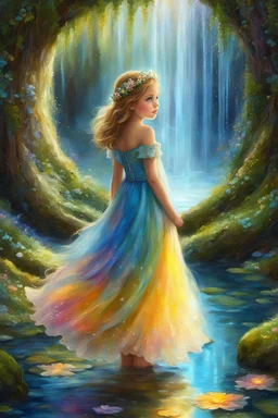 Masterpiece, best quality, digital painting style, adorable digital painting, beautiful fantasy art, colorful. In a dress spun from dreams and pure delight, A pretty little girl with hair so bright, Her big blue eyes, a window to her soul, In a fairy fountain's shimmering aureole. Beneath a big alder with colors so bold, Mosses whisper secrets, stories untold, In this magical world, vibrant and alive, She finds wonder in each vivid hue, jive.