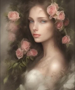 portrait borders head Princess with great bobs long hairs black eyes no top with roses