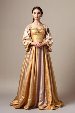 На ней было платье итальянского ренессанса легкого сиреневого и золотистого цвета. в полный рост
