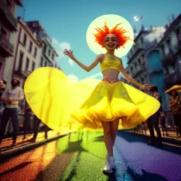 Ultra Realistic photo, medium shot view, drunken sweet dancer Spanish woman, carnival scene, monster hair, steampunk style. Yellow hair, confeti, smile, happy, festival, ovnis, gradient color fog. highly detailed, concept art, unreal engine 5, ray tracing, RTX, lumen lighting, ultra detail, volumetric lighting, 3d, finely drawn, high definition, high resolution.