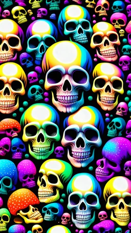 a field of 1000s of psychedelic psilocybin induced anatomically correct, skulls, vivid RANDOM BRIGHT neon colors, dark comedy, well lit, high detail, photorealistic, horrorcore, fun, scary, none featured, each a different color or hue,