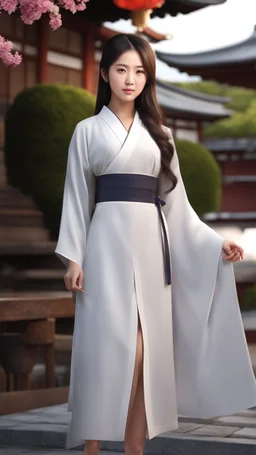 4K Photorealism : 30 year old Asian woman with a full body with a proportional body, symmetrical face, precise clean brown eyes, long flowing hair, precise chest accentuation, showing typical Japanese clothing