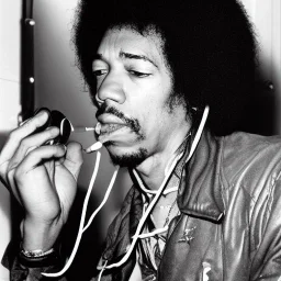 portrait of Jimi Hendrix at a turntable with headphones on being a DJ, cigarette in mouth