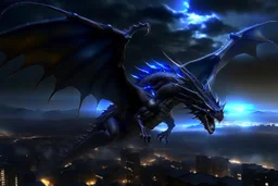 black dragon in flight city in the background at night