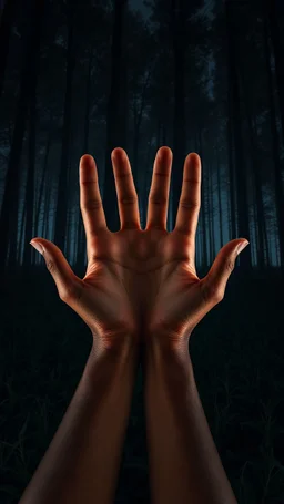 In the woods of hands at night, a of a tree shape, brown skin, night, night, tall, thin field of thousands of hands standing migrating