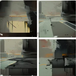 Minimal contemporary abstract oil paintings of desolate 1960s carpark with road markings and concrete fragments. Overlay with grungy typography graphics.