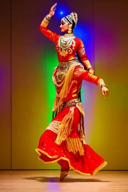 golden artistic statue of a qazaq dancer in folk dance pose in modern art museum dynamic colorful lights