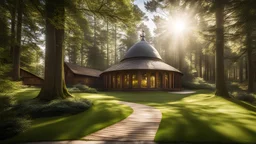 woodland path leads to large round cylindrical circular wooden church building, roof windows, conical roof, hobbit style, sunshine, peaceful, beautiful lighting, attractive composition, photorealistic, extremely detailed, chiaroscuro, rule of thirds, award-winning photograph