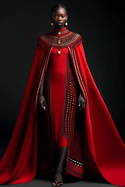 Maasai Cape Glamour: Design a gown with a detachable Maasai-inspired cape, featuring bold beadwork and patterns. The cape adds a regal touch for a red carpet entrance