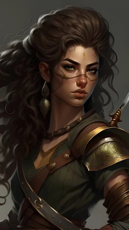 Fae warrior, Mahogany hair,big voluminous curls,two braided braids on the right,Dark brown eyes flecked with gold, right eyebrow with scar, beautiful, captivating face, black assassin clothing, two short swords, overall size