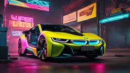 BMW I8 Cyberpunk 2077 neon Style, Super Detailed, desktop wallpaper, 4K rear view, center