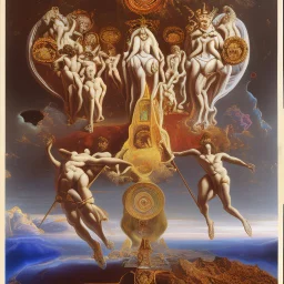 Ascencion of jresus among clouds with disciples on earth Salvador dali styles