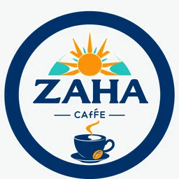 A circular logo with the name (ZAHA) designed for a cafe with the sun symbol and turquoise and indigo color and a coffee bean and a coffee cup at the bottom of the logo and a blue and black circle around the work