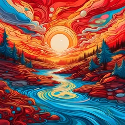 an abstract piece of artwork showing a sun rising behind eddies and a river, in the style of psychedelic realism, highly detailed illustrations, epic landscapes, crimson and azure, whistlerian, fluid, smokey background" Hyperrealistic, splash art, concept art, mid shot, intricately detailed, color depth, dramatic, 2/3 face angle, side light, colorful background"