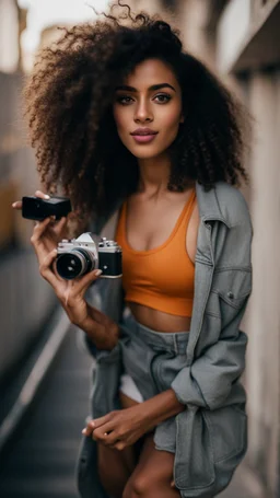 A realistic selfie-style self-portrait of a confident influencer aged arab18-37 in an urban setting, dressed in trendy sportswear or beachwear to showcase her slender figure. Her creative curly black hair shines under softbox lighting accentuating her flawless skin. The vintage camera shot with a macro lens introduces a charming bokeh effect. Every detail, from her complexion to body contour, is outlined for a high-quality image –ar 4:5 –testp –upbeta –octane.