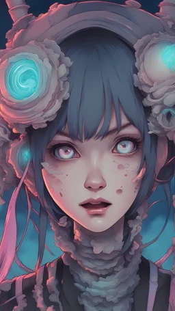 a close up of a person with a skull on their head, anime skull portrait woman, scary detailed art in color, hiroyuki-mitsume takahashi, nychos art aesthetic, half woman half skeleton, anime cyberpunk art, colored manga art, rossdraws pastel vibrant, cold colors. insanely detailed, beautiful anime portrait, stunning anime face portrait, scary art in color