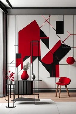 Create handpainted wall mural with abstract geometric forms in motion, inspired by Suprematism. Introduce a touch of red to add dynamism and intrigue to the composition.