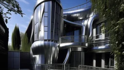 A minimal postmodern house featuring sleek metallic surfaces throughout its exterior and interior. The architectural design incorporates polished steel panels, chrome fixtures, and brushed aluminum elements. The structure's angular geometric forms and interconnected mechanical-like components reflect the distinctive biomechanical aesthetic associated with Hans Ruedi Giger's work. Multiple curved metallic pipes and tubes weave across the facade, while segmented metal panels create a distinctive p