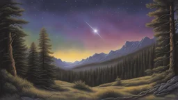 A stunning night sky seen from the bottom of a deep valley. a dying star. unicorn. Painted by Larry Elmore.