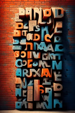 A brick wall made up of words and letters of the English alphabet, Many letters, abstraction. A high-resolution image of 8 K.